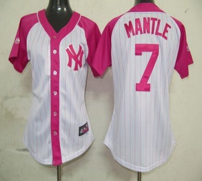Jerseys Factory Cheap Yankees #7 Mickey Mantle White/Pink Women'