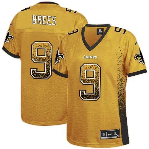 Jerseys Factory Cheap Nike Saints #9 Drew Brees Gold Women's Emb
